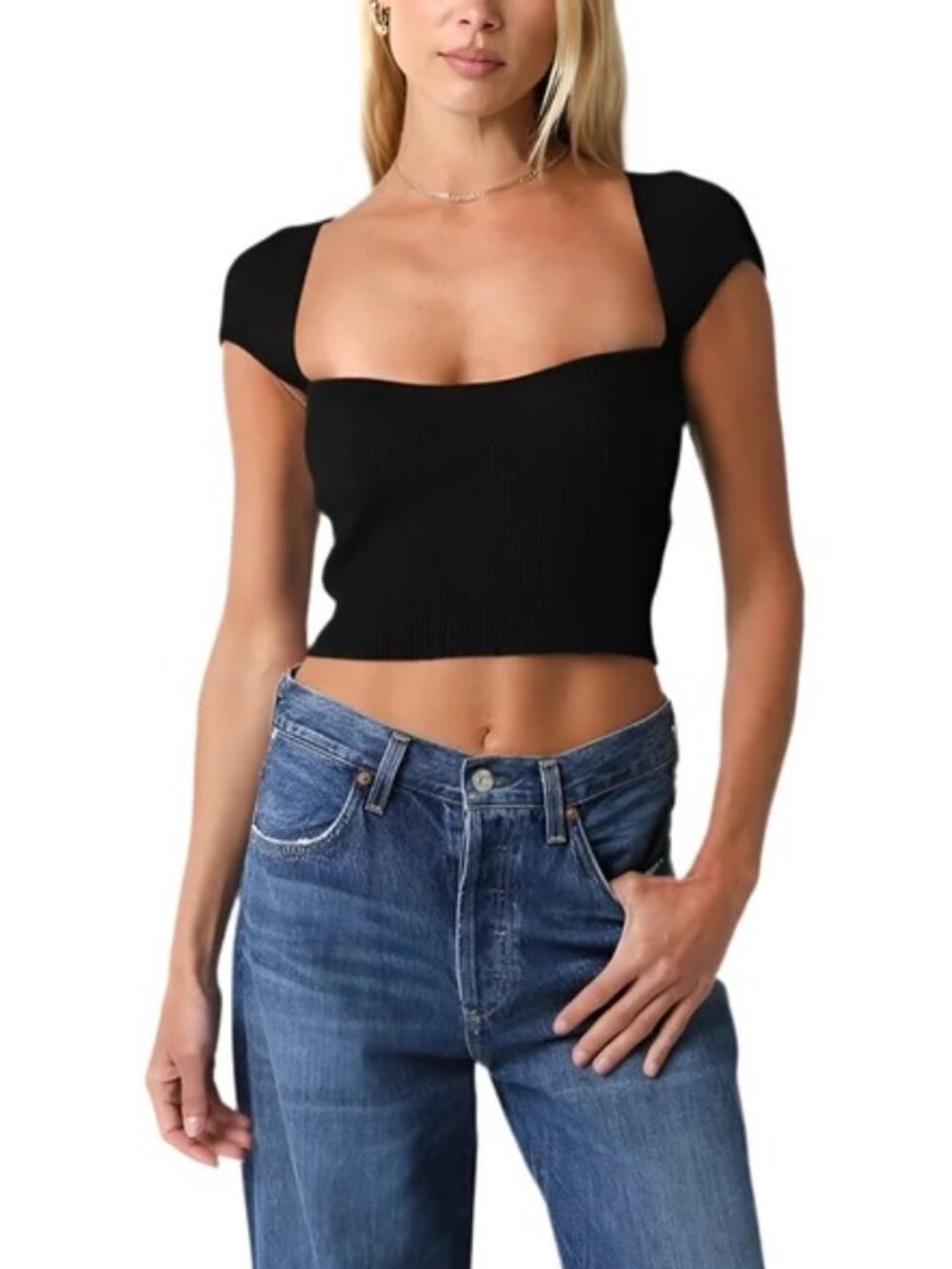 OLIVACEOUS Square Neck Ribbed Knit Top